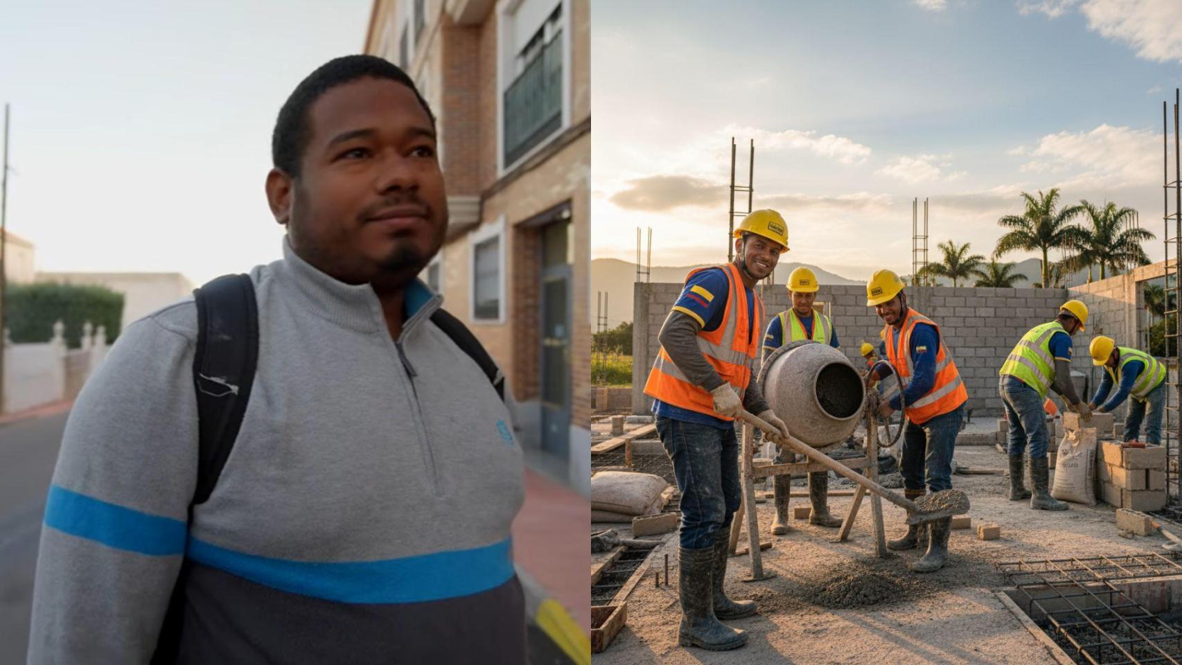 Imagen de Martín y una imagen generada por IA de un grupo de albañiles.