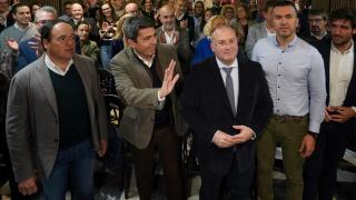 el entonces 'president' Carlos Mazón y Miguel Tellado, entre Juanfran Pérez Llorca y Vicente Mompó, en un acto del PP en Valencia.