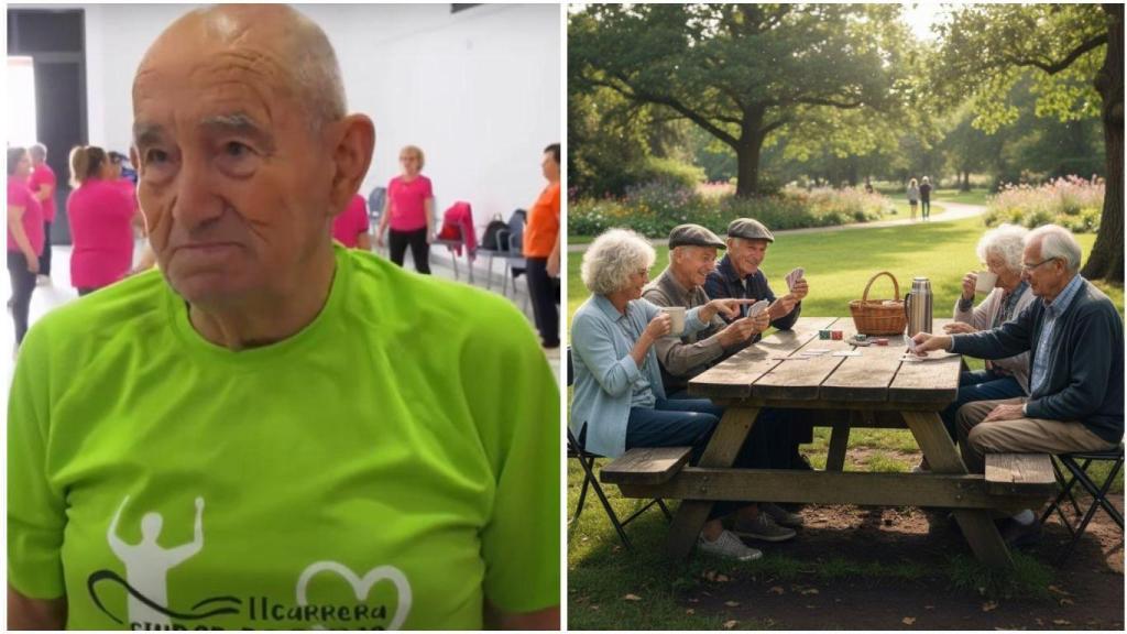 Fotomontaje de Fausto y un grupo de jubilados en un parque.