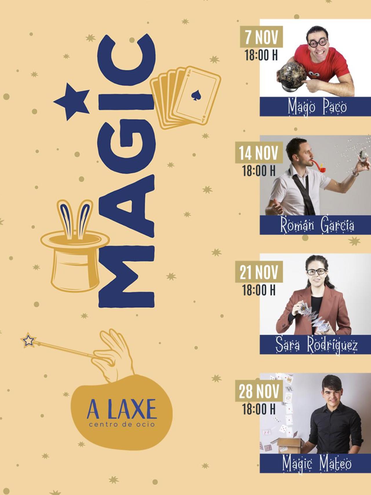 Cartel de espectáculos de magia en el centro comercial A Laxe.