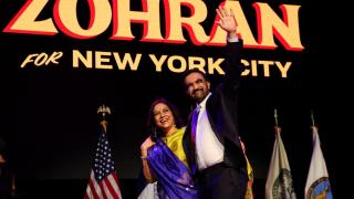 Zohran Mamdani celebrates his victory for mayor of New York with his mother, Mira Nair.