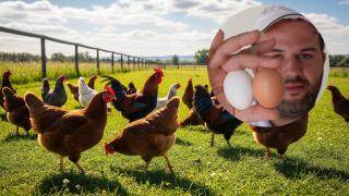 Montaje de Joan con gallinas en el campo en una imagen creada con IA.