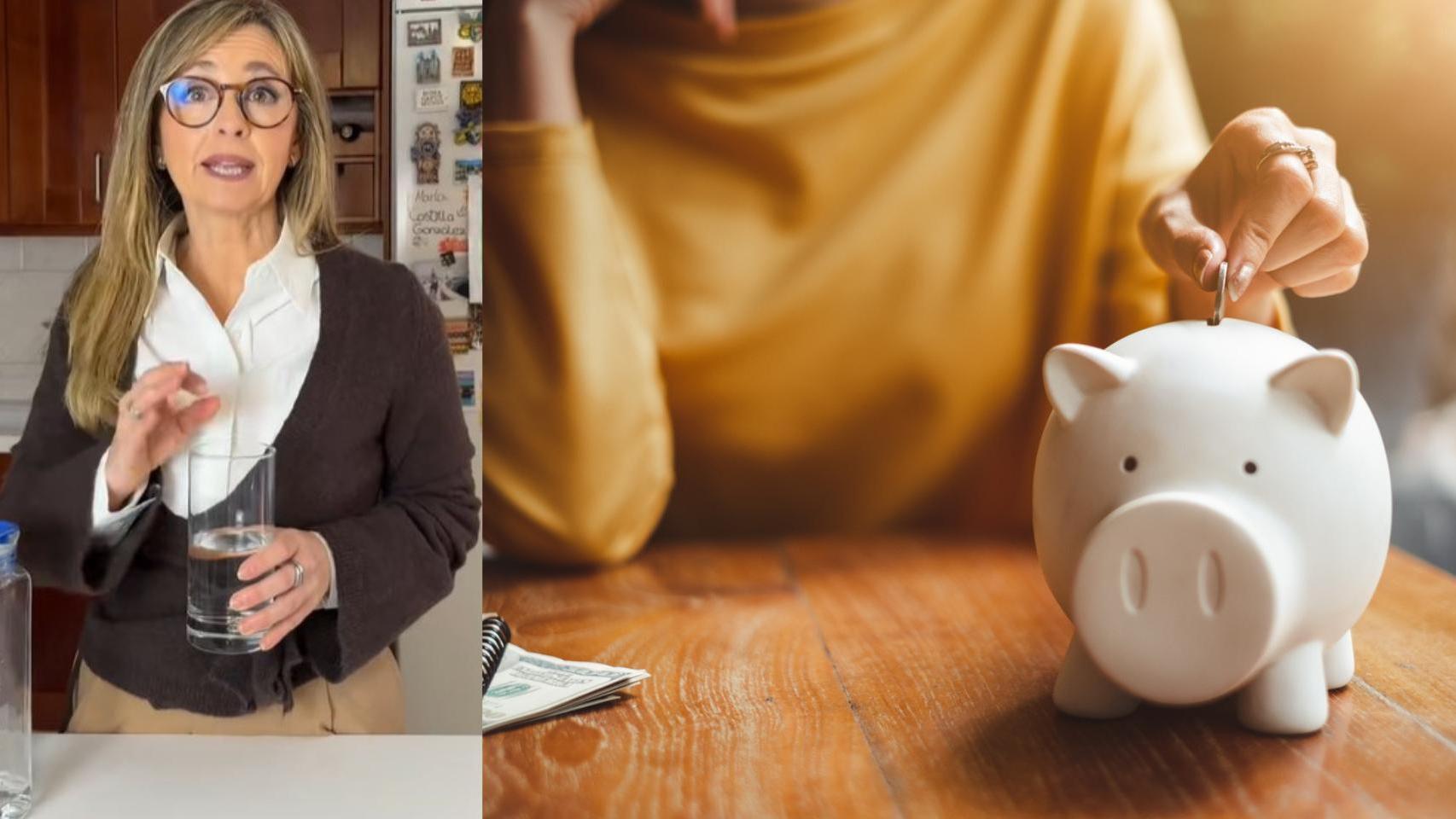 Charo González y mujer metiendo dinero ahorrado en una hucha.