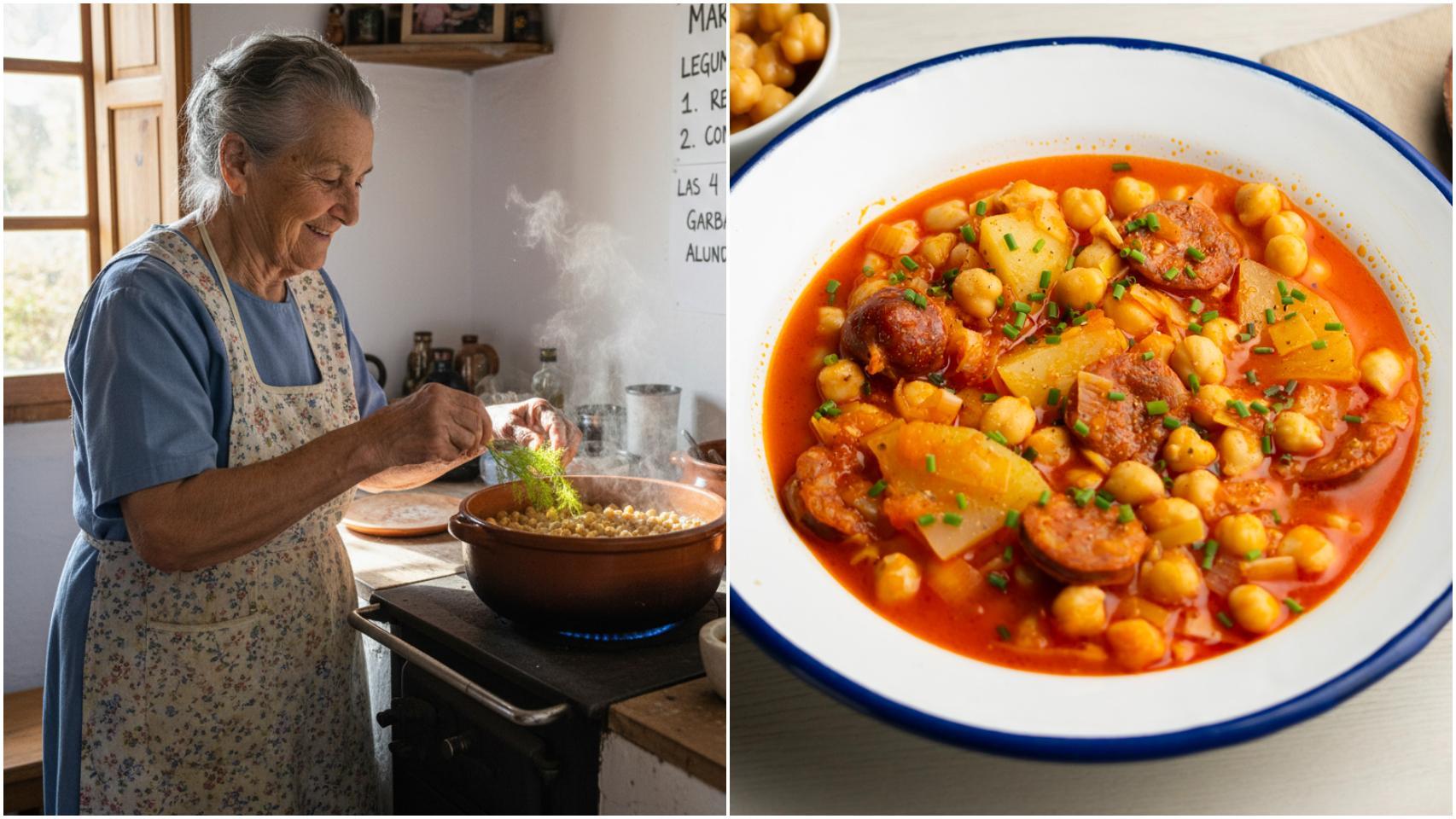Maruja, abuela cocinera de 82 años natural de León, junto a un plato de garbanzos.