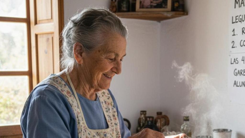Maruja, abuela cocinera de 82 años natural de León, junto a un plato de garbanzos.