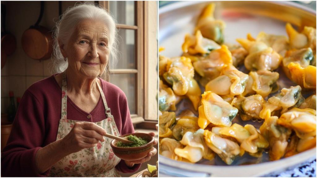 Pili, abuela gallega de 87 años, junto a un plato de berberechos.