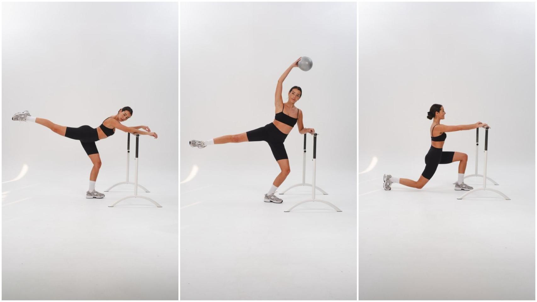 Deva, en tres poses practivando Barre.