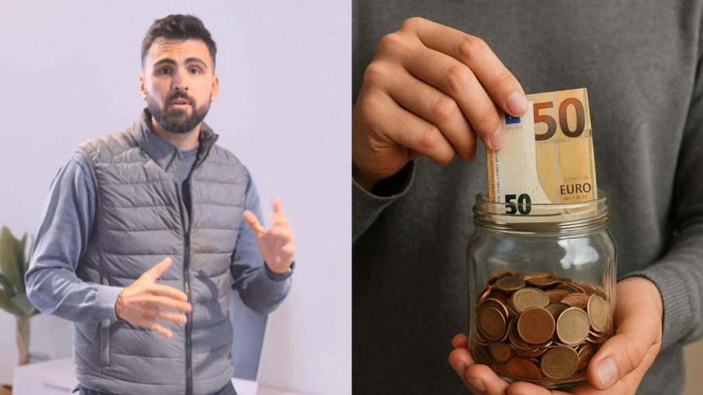 Montaje con Marc Guirado, asesor inmobiliario e imagen generada con IA de una persona ahorrando