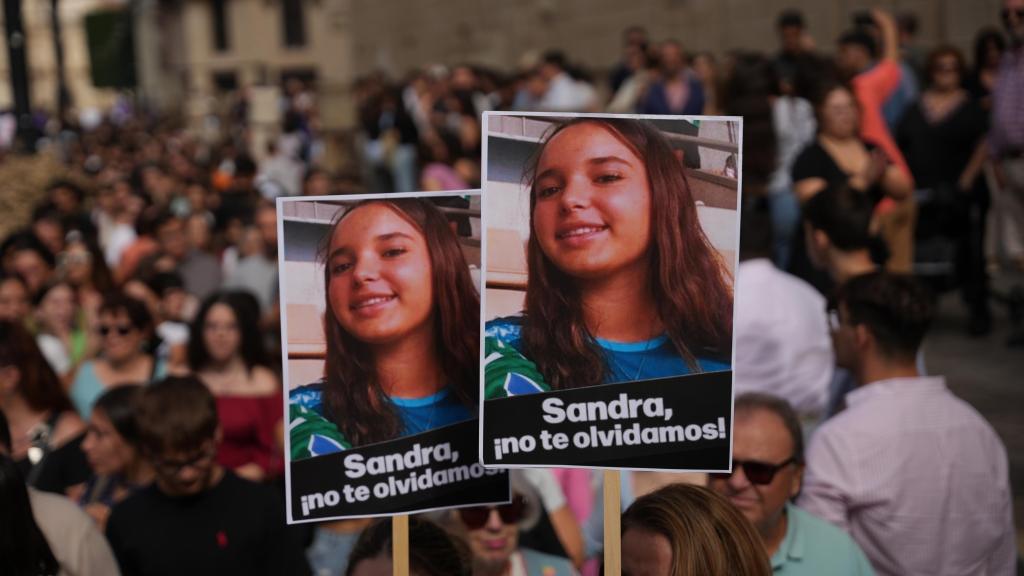 Unas pancartas con la imagen de Sandra Peña durante la manifestación anti acoso de Sevilla.