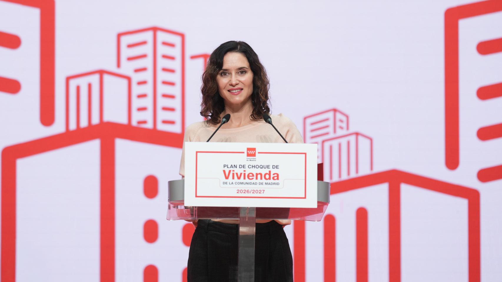 La presidenta Isabel Díaz Ayuso, este miércoles durante la presentación del nuevo Plan de Choche de Vivienda madrileño.