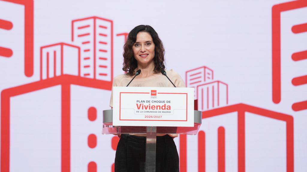 La presidenta Isabel Díaz Ayuso, este miércoles durante la presentación del nuevo Plan de Choche de Vivienda madrileño.