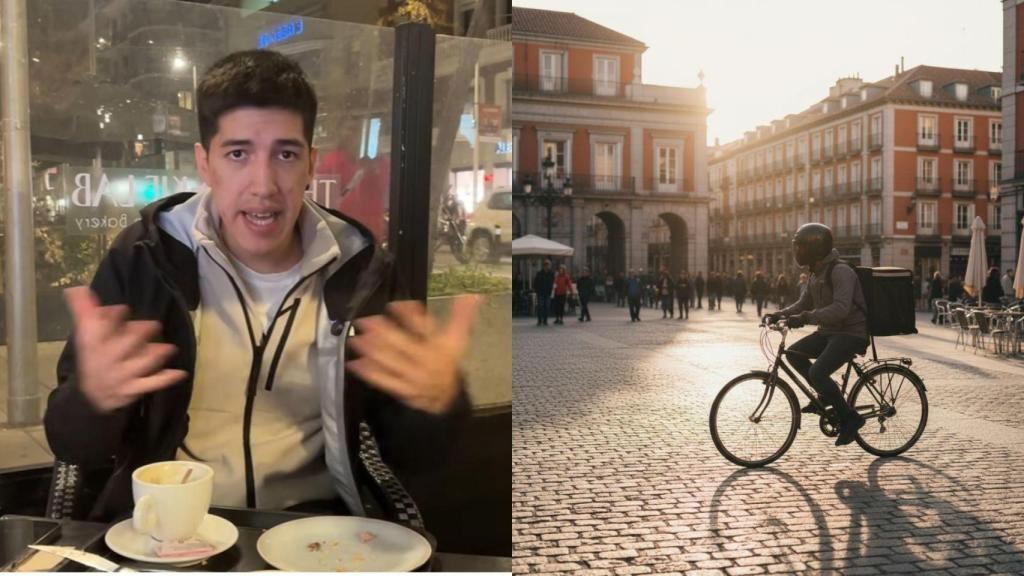 Imagen de Kevin Gómez y una imagen generada por IA de un repartidor en Madrid.
