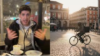 Imagen de Kevin Gómez y una imagen generada por IA de un repartidor en Madrid.