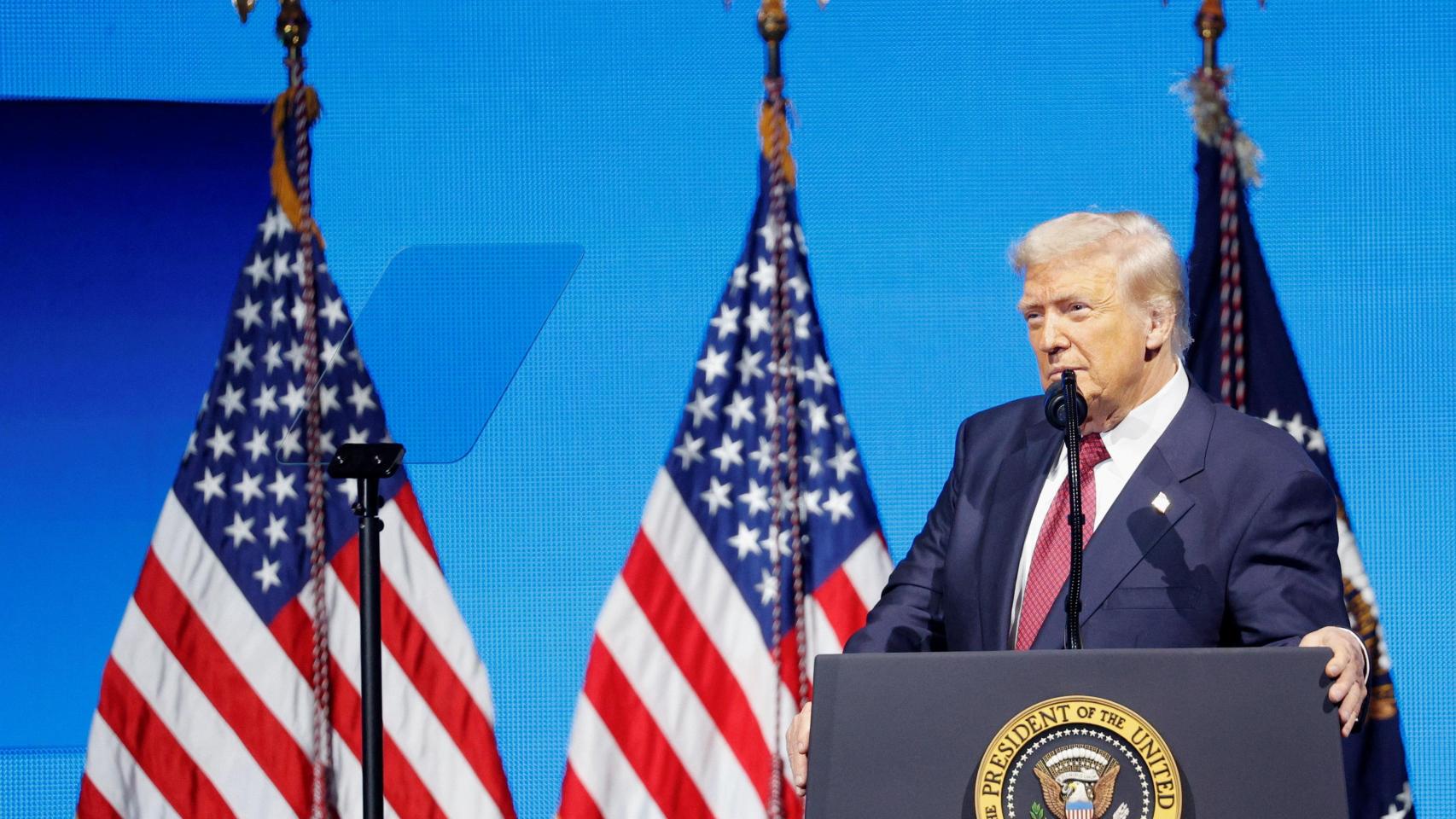 El presidente de Estados Unidos, Donald Trump, este miércoles en el Foro Empresarial de Estados Unidos en Miami.