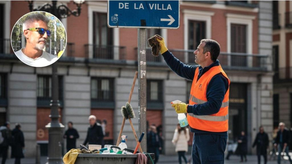 Imagen generada por IA de un funcionario que limpia las calles y una imagen del protagonista del vídeo.