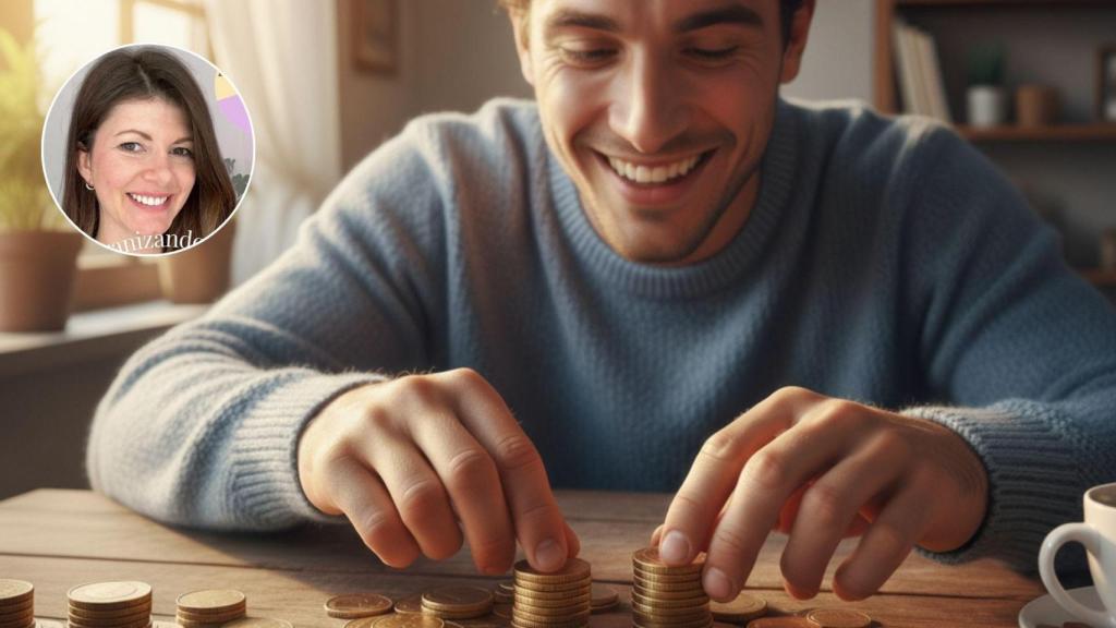 Imagen generada por IA de un hombre ahorrando y una imagen de Angie, coach de ahorro.