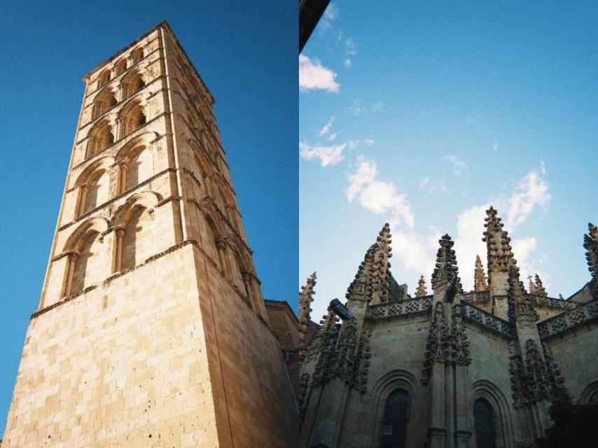 Detalles de la arquitectura en las calles de Segovia. A la derecha, las agujas de la Catedral.