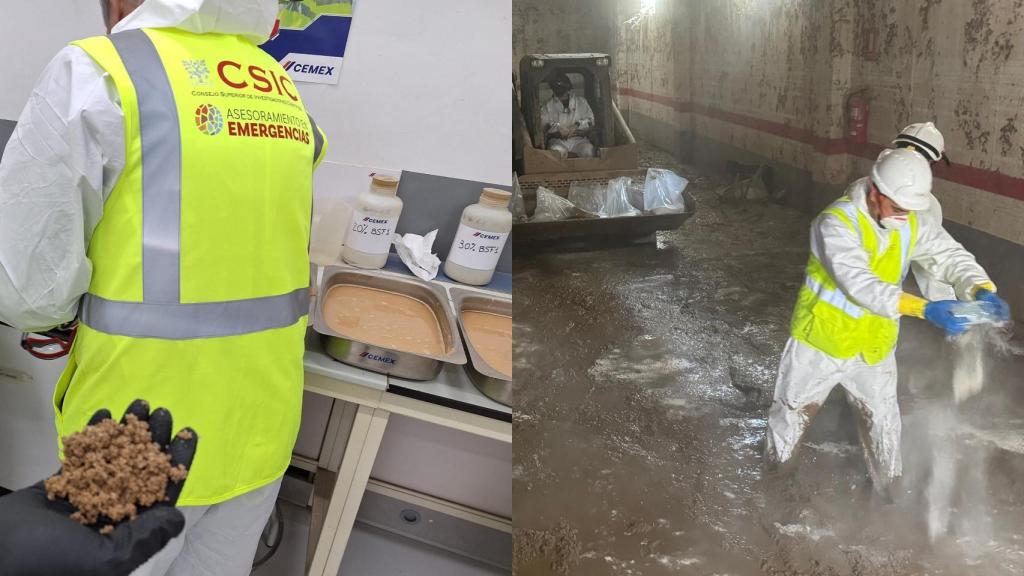 Ensayos con el espesante en laboratorio (izqda) y en garajes (dcha).