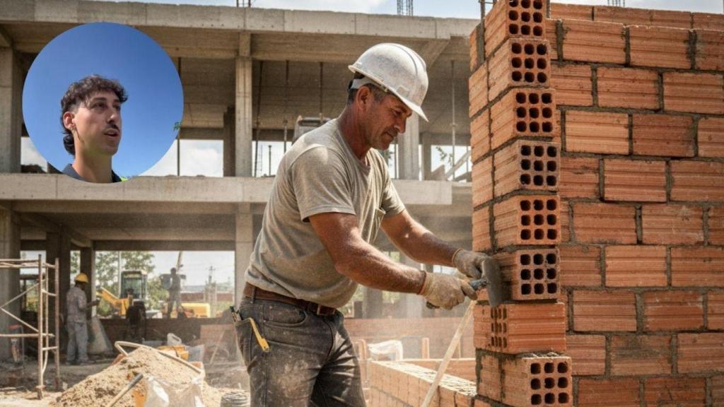 Fotomontaje de Raúl Padilla y un albañil colocando ladrillos.