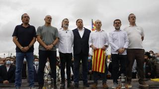 De izquierda a derecha: el líder de ERC, Oriol Junqueras, el exportavoz de la Generalitat Jordi Turull y el expresidente de Asamblea Nacional Catalana, Jordi Sànchez.