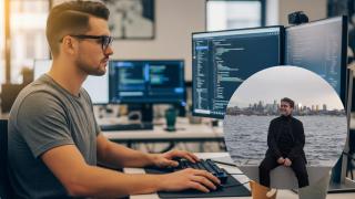 Montaje de Álvaro con un ingeniero trabajando en una imagen creada con IA.