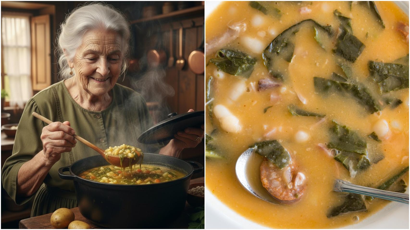 Una mujer cocinera junto a un plato de sopa.