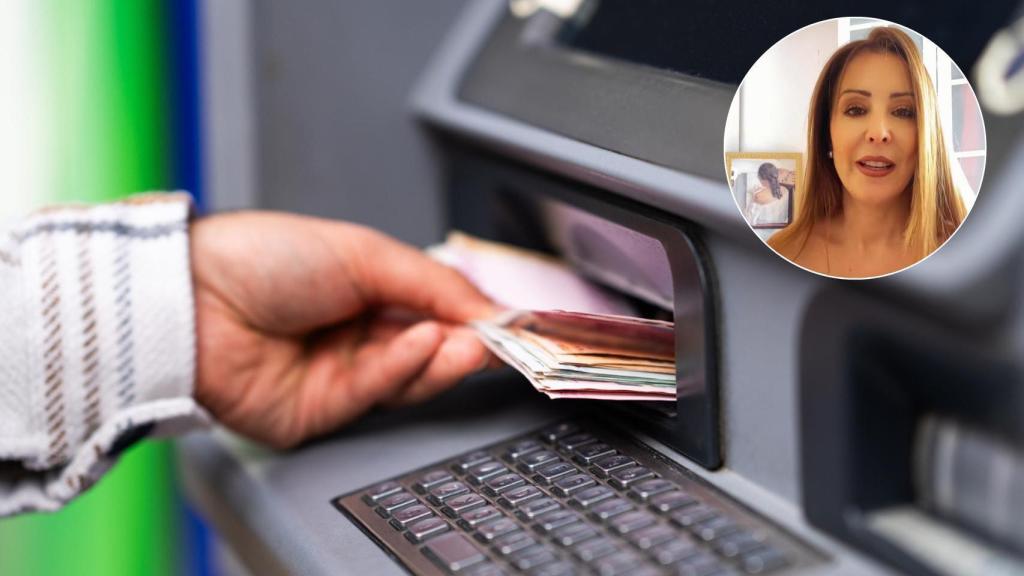 Mujer sacando dinero de un cajero y la experta en finanzas, Inma García