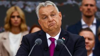 Hungarian Prime Minister Viktor Orbán reacts while delivering a speech marking the 69th anniversary of the 1956 Hungarian uprising, in Budapest.
