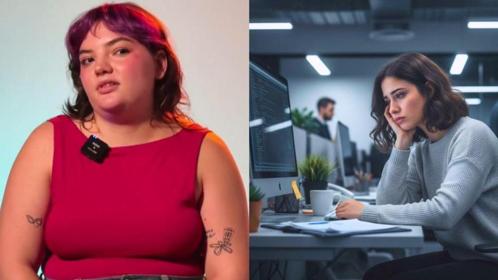 Montaje con Paula, joven becaria, e imagen generada con IA de una joven trabajando en una oficina.