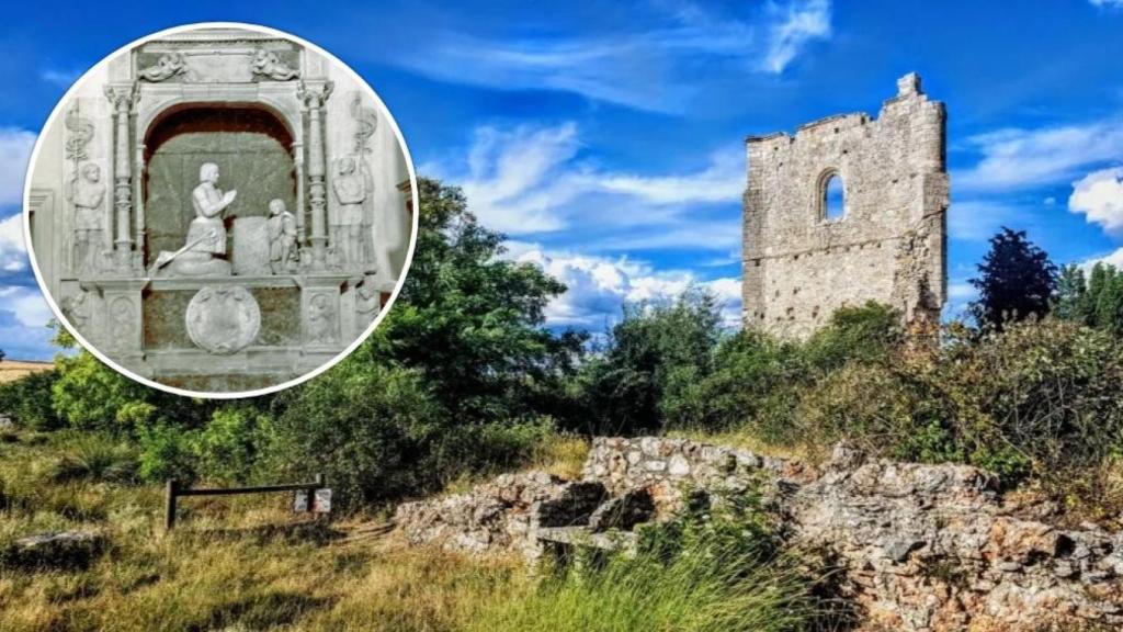 El sepulcro de los Avellaneda y las ruinas del monasterio de San Jerónimo de Espeja en Guijosa (Soria), en un montaje de EL ESPAÑOL