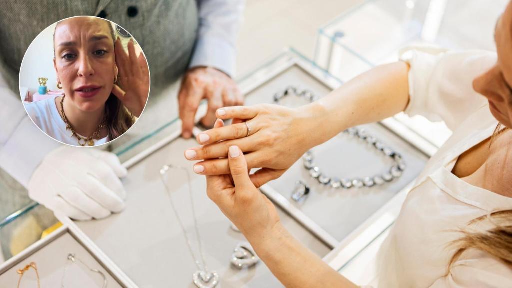 Mujer probándose un anillo en una joyería.