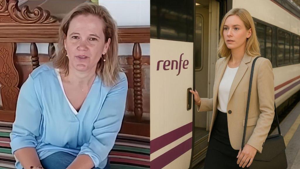 Montaje con Cristina, profesora de instituto y una mujer viajando en un tren a su trabajo (imagen generada con IA)