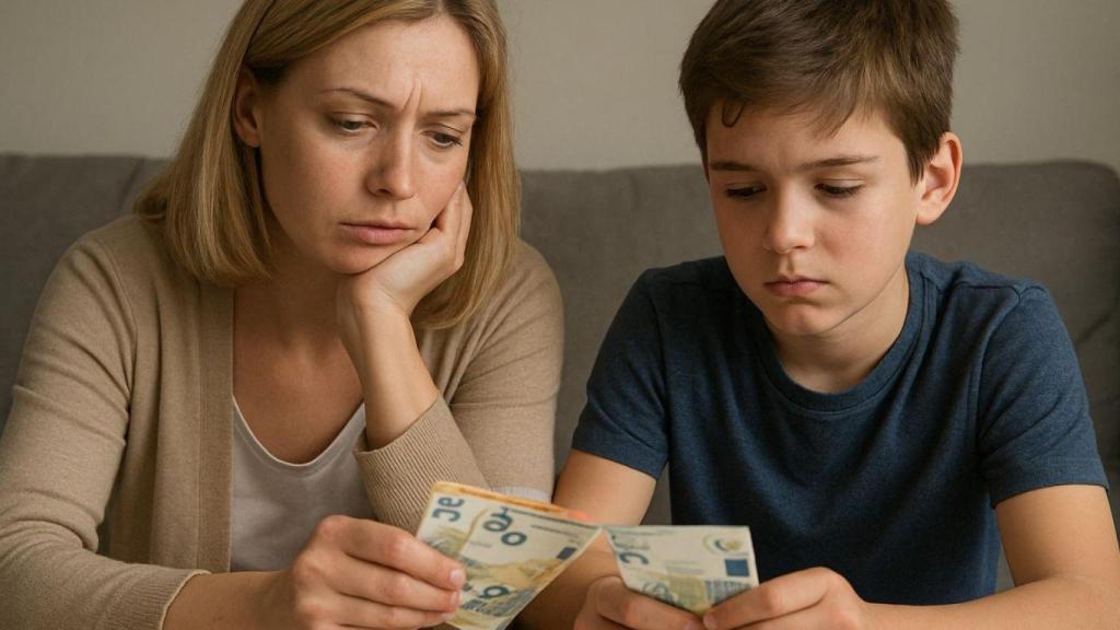 Una madre con su hijo contando dinero. Imagen generada con IA.