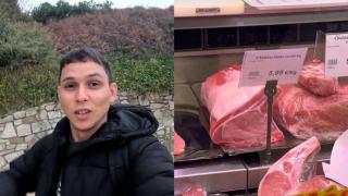Montaje con Rolan González, carnicero, y trozos de carne en la vitrina del supermercado.