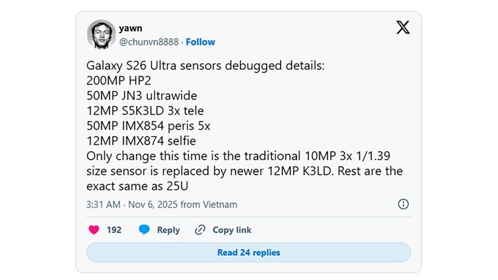Imagen de la filtración del Samsung Galaxy S26 Ultra en X (antes Twitter)