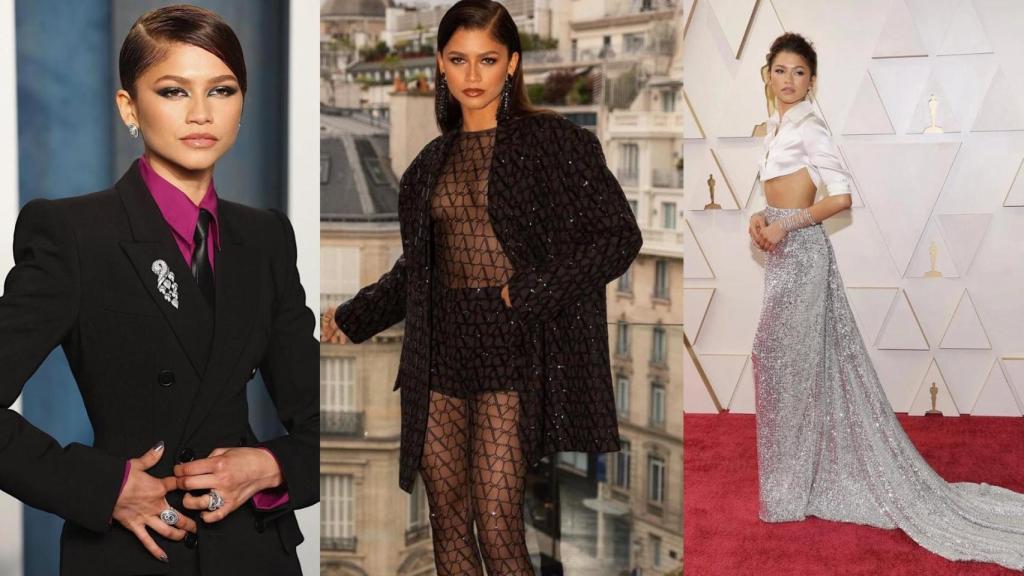Varios estilismos de Zendaya alineados con la estética 'Future Chic'.