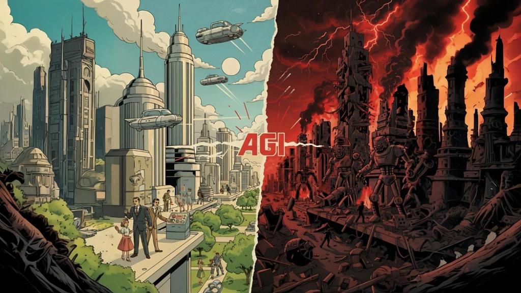 Ilustración de los dos resultados posibles ante la llegada de la Inteligencia Artificial General