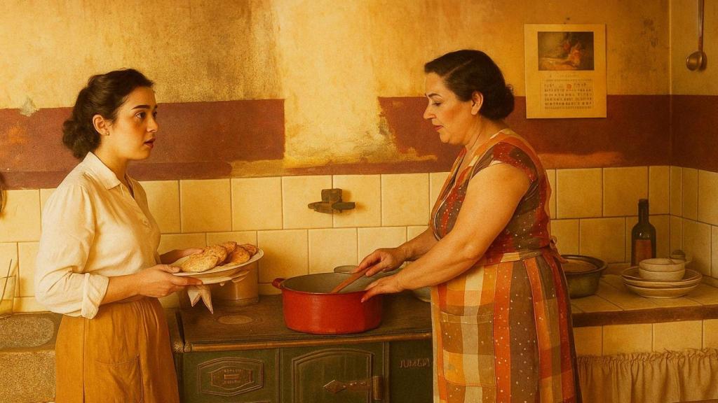 Dos mujeres en una cocina antigua.