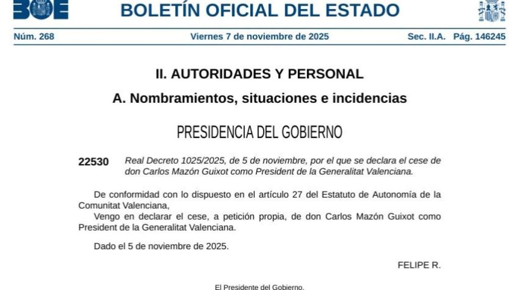 Cese de Carlos Mazón en el BOE.