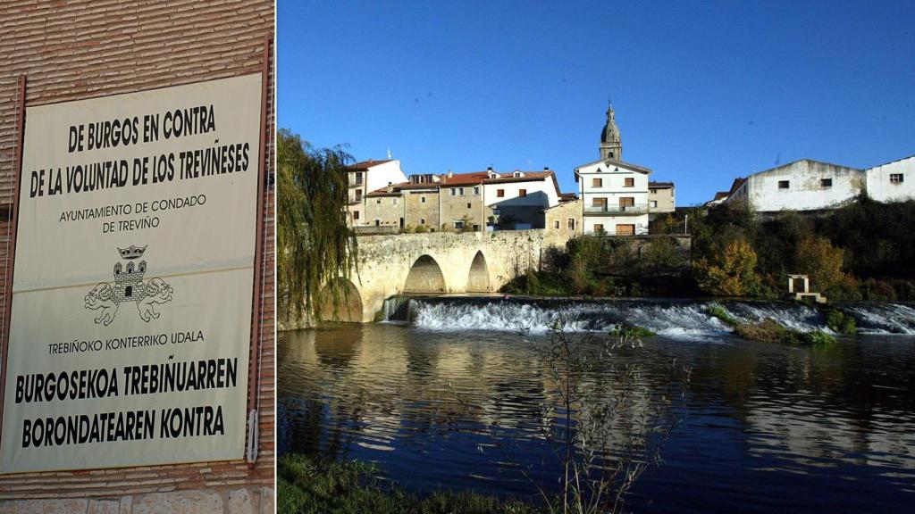 Un cartel en Condado de Treviño reivindicando la anexión del enclave a Álava y una imagen de La Puebla de Arganzón, en un montaje de EL ESPAÑOL