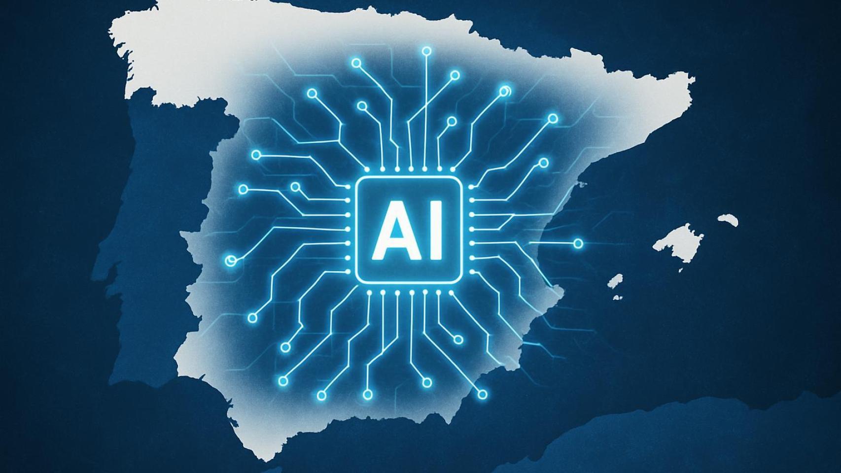 Un mapa de España, con ilustración de inteligencia artificial en el centro, creado con IA.