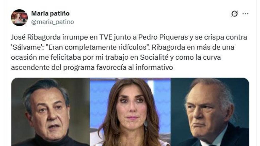 Tuit de María Patiño cargando contra José Ribagorda.