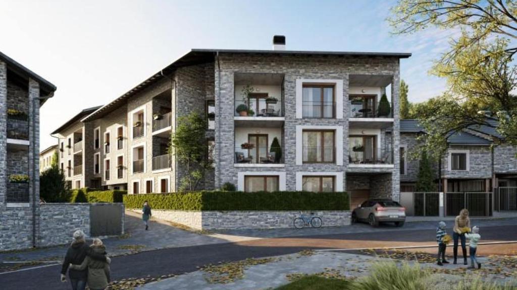 Exterior de la nueva promoción de viviendas en Biescas de la promotora Doble emme.