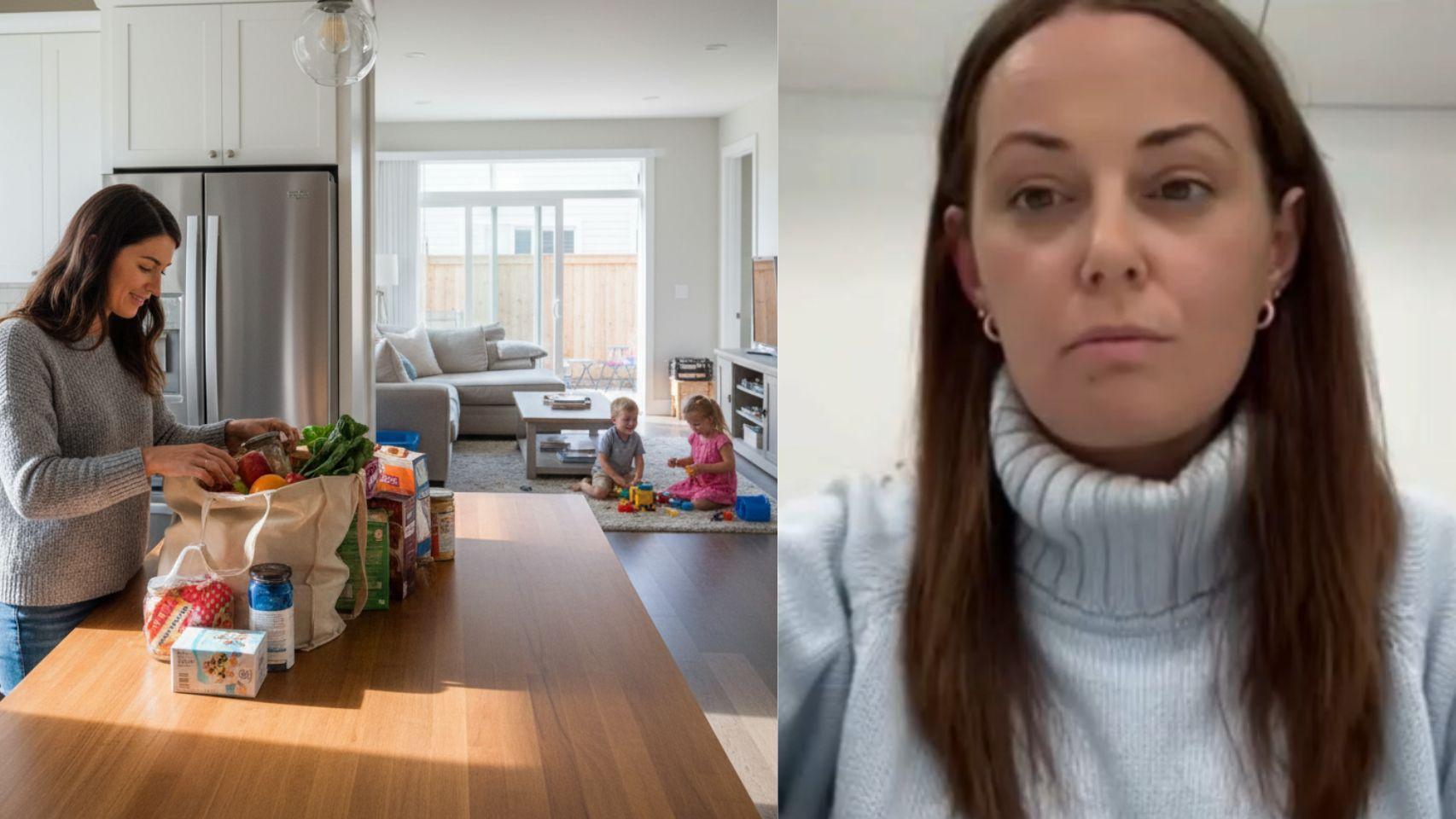 Esta madre de familia hace malabares para hacer las compras semanales.