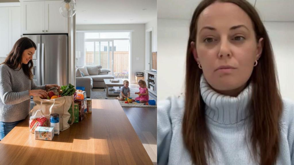 Esta madre de familia hace malabares para hacer las compras semanales.