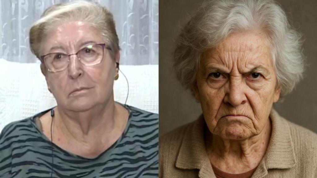 Montaje con Sagrario, jubilada de 81 años y una mujer enfadada (Imagen generada con IA)