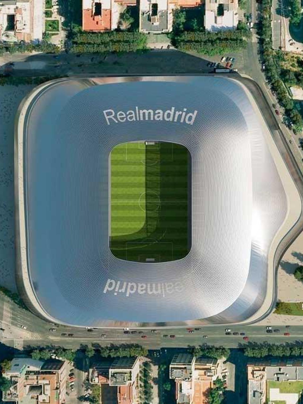 Recreación de una vista aérea de Madrid con el Santiago Bernabéu en el centro.