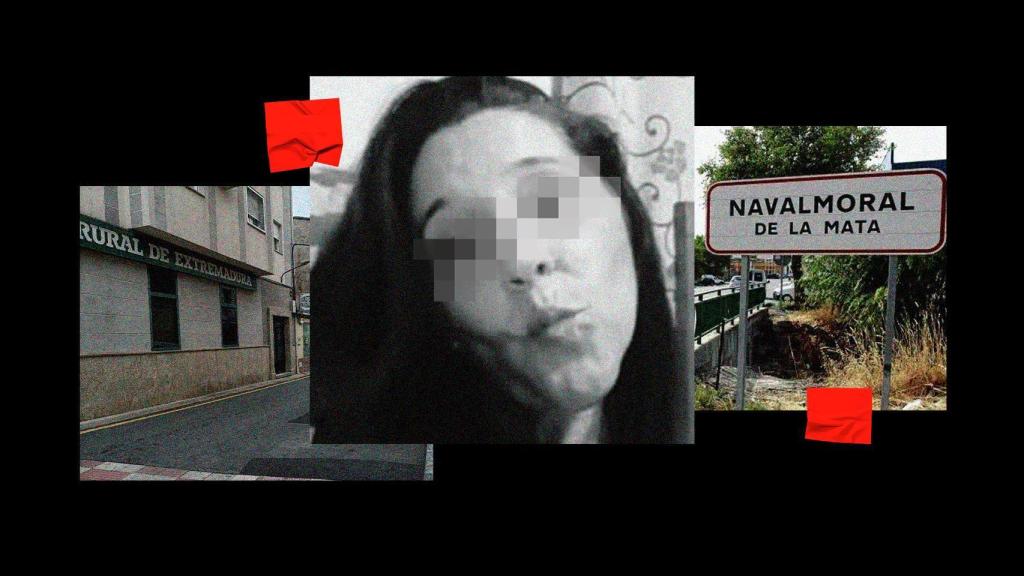 Montaje donde aparece la calle donde se produjo otro intento de secuestro, la imagen de la presunta secuestradora y el cartel de entrada a Navalmoral de la Mata (Cáceres)