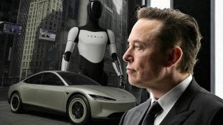 Elon Musk junto con su robot Optimus y su robotaxi Cybercab.