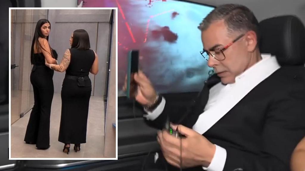 Jorge Javier intenta encontrar su micrófono en el coche a su llegada a Mediaset; antes, un falló técnico dejó en el aire unas imágenes de Desirée y Rocío en la casa.